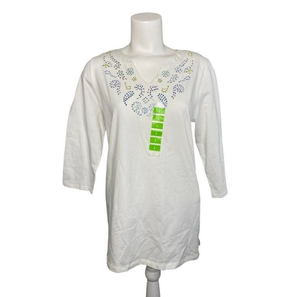 LEO & NICOLE White Studded V Neck 3/4 Sleeve Top‎ Sz Large NEW